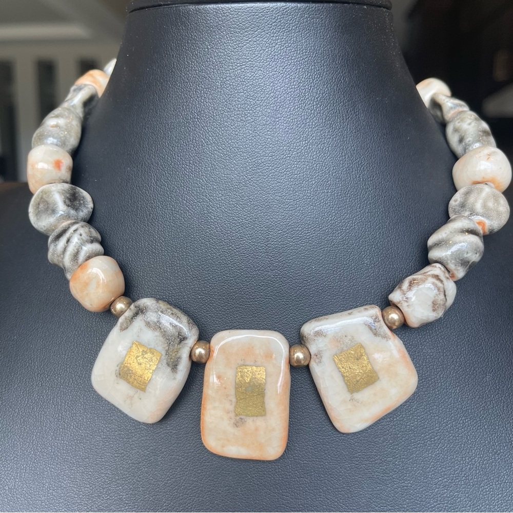 Ceramic Beaded Geometric Statement Necklace Artis… - image 1